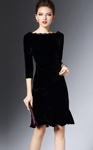 SZ60039 Black Velvet Flounce Bateau Boat Neck Midi Dress